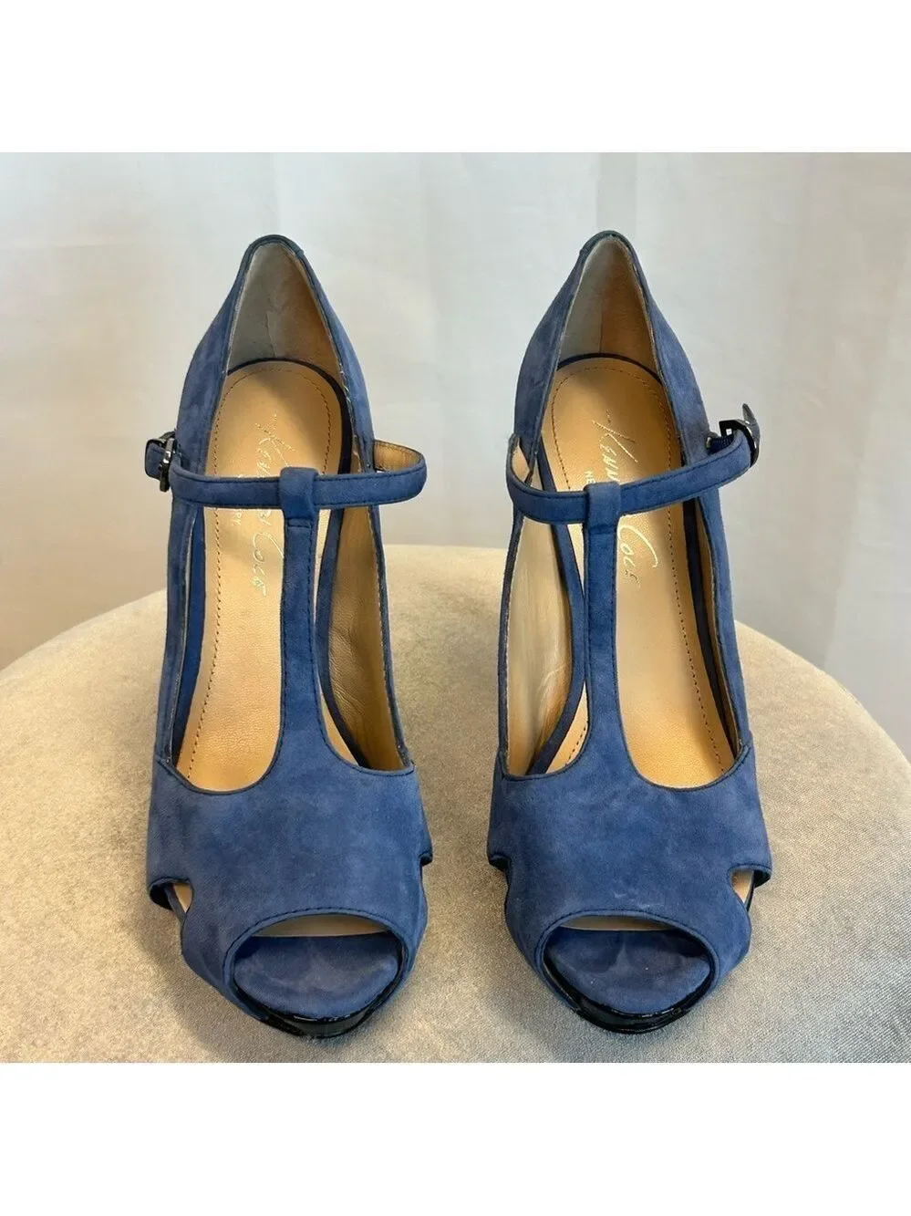 Kenneth Cole blue suede leather T-bar strap Au Cafe Platform high heels Sz 9